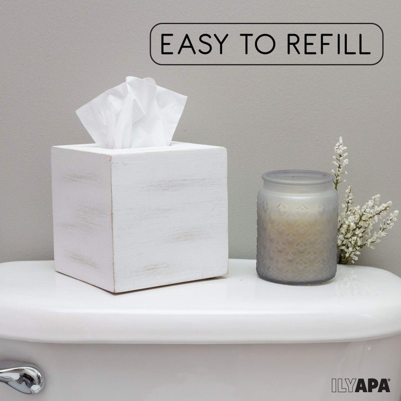 Ilyapa Wood Tissue Box Cover Square - Rustic Farmhouse White Wooden Tissue Holder - Image 5